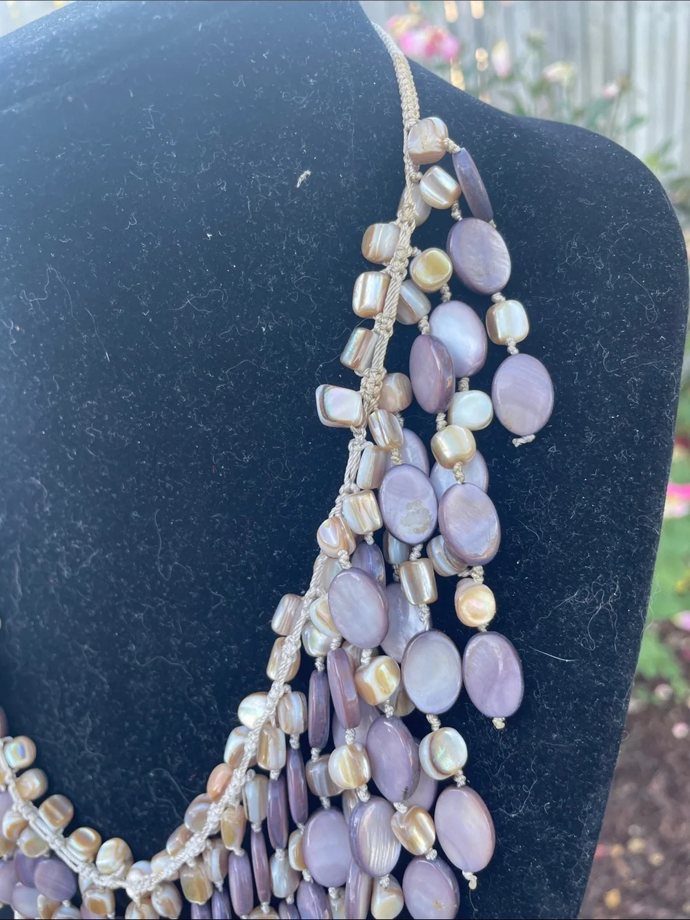 Mother of Pearl Bib Necklace purple and natural color